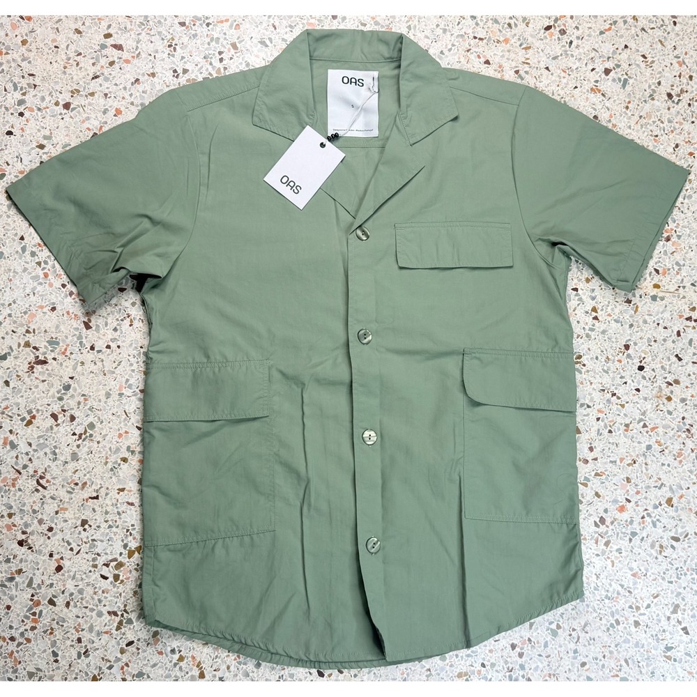 OAS Men's Short Sleeve Green Treck Nylon Button Up Army Shirt Size Small